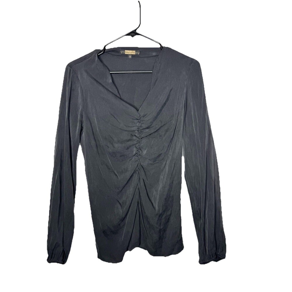 Rozae Nichols Womens Basic Black Silk V-Neck Long Sleeve Blouse Size M